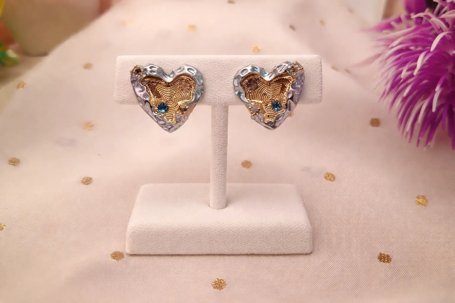 Lavender Hammered Silver & Gold Heart Earrings – Crystal Embellished Statement Studs
